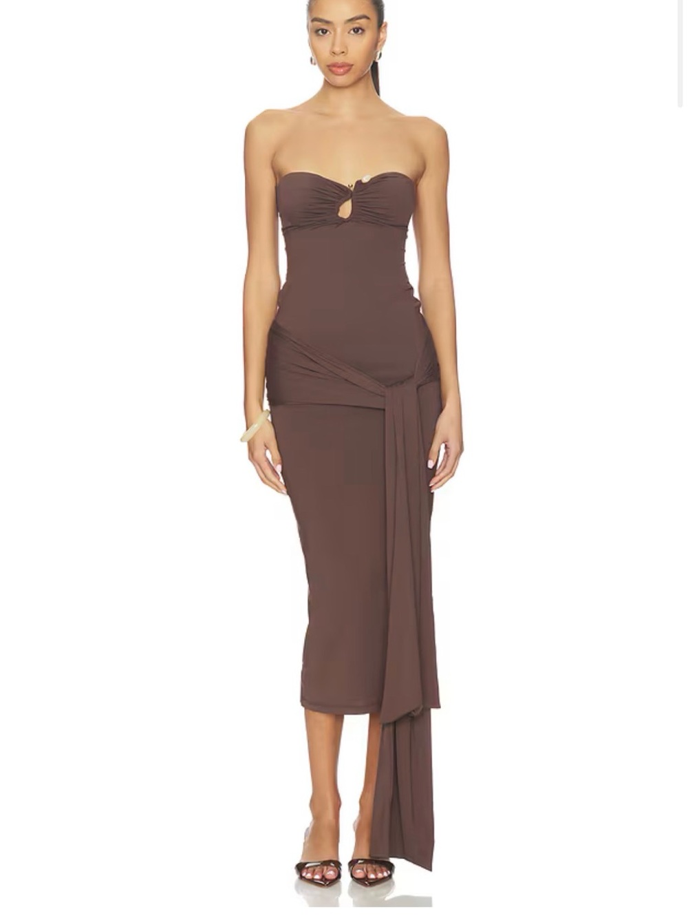 Strapless Bardot XS Brown Midi Dress with Front Drape. Worn once.